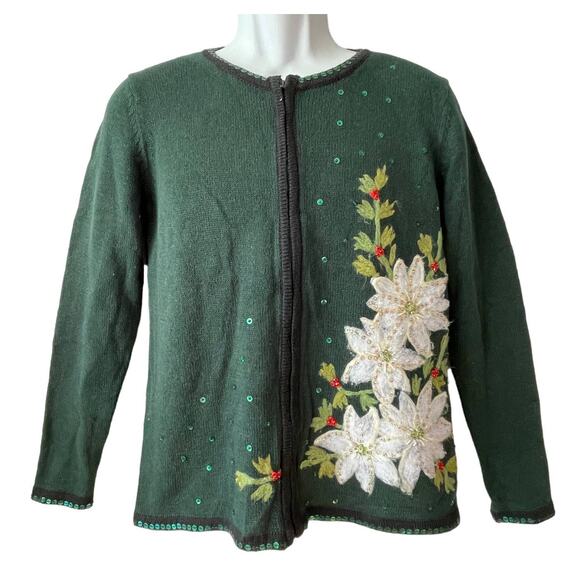 VINTAGE Y2K Tiara International White Poinsettia Ugly Christmas Sweater Size S - Picture 1 of 3